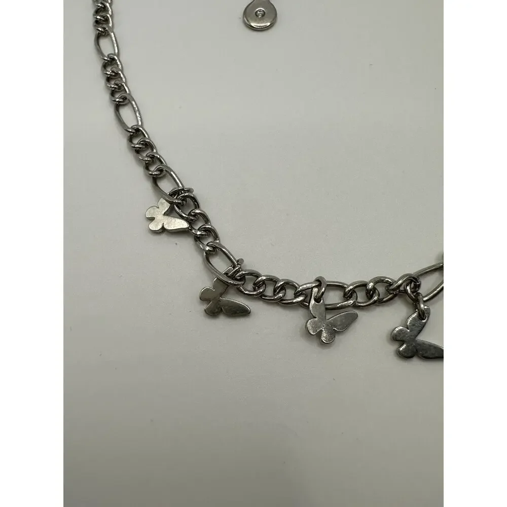 Silver Tone Chain Anklet With Butterfly Charms 8.5”
